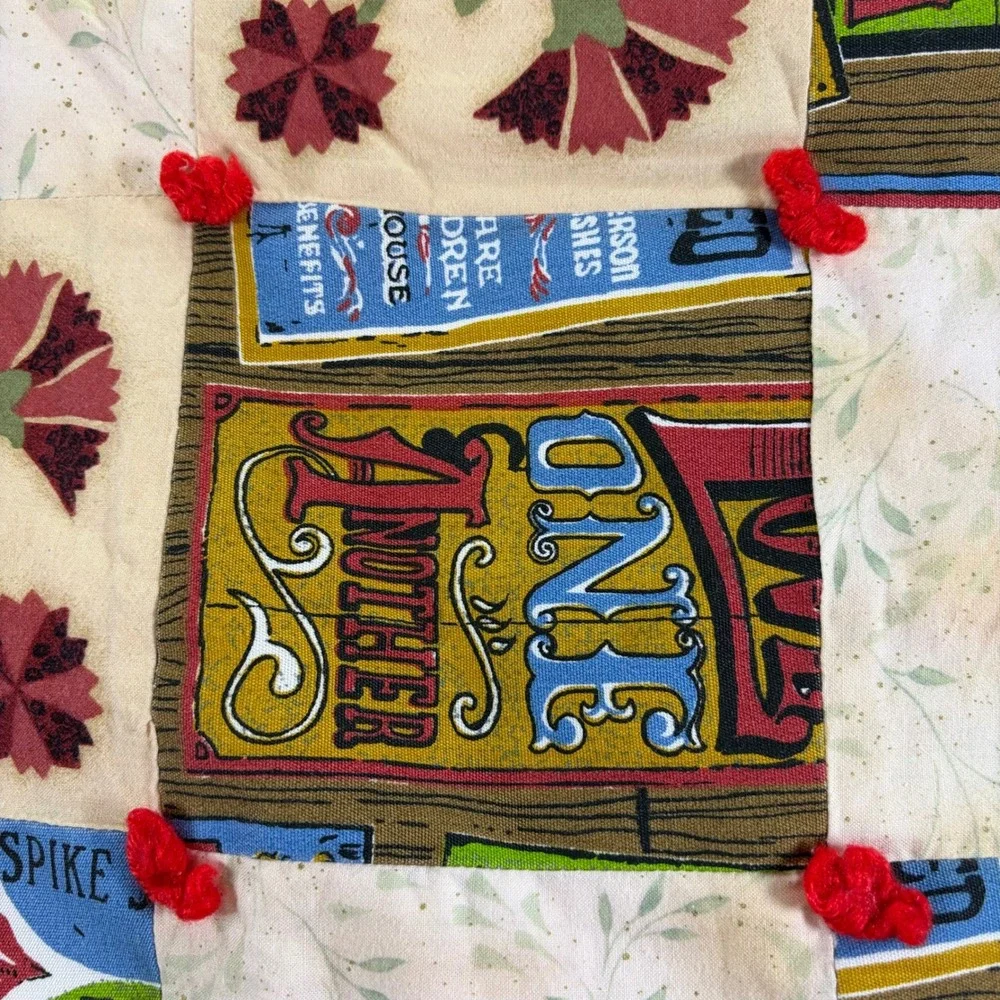 Handmade Vintage Style Patchwork Tied Quilt Floral Typography Lap Blanket 42x38